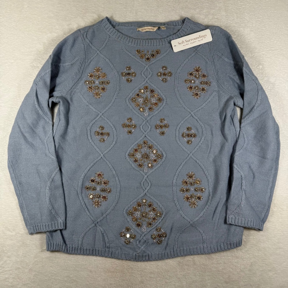 Soft Surroundings Petite Isra Sparkle Sweater Blue Fog Beaded Wool Blend PM NEW